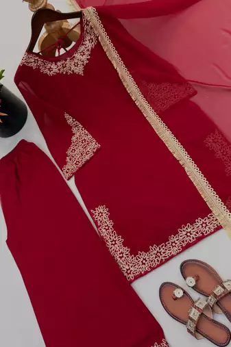 Red blooming faux embroidered sharara set with dupatta