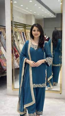 Blue blooming faux embroidered sharara set with dupatta 1