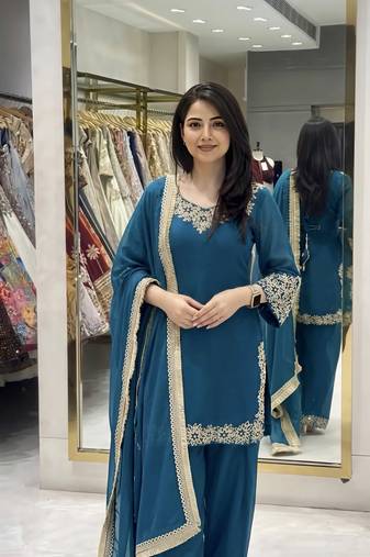 Blue blooming faux embroidered sharara set with dupatta