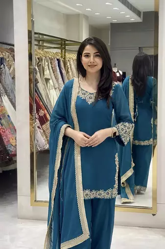 Blue blooming faux embroidered sharara set with dupatta