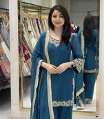 Blue blooming faux embroidered sharara set with dupatta