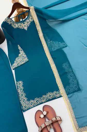 Blue blooming faux embroidered sharara set with dupatta