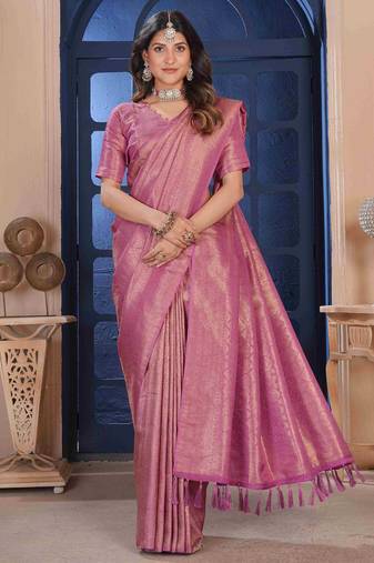 Pink Zari Woven Kanjivaram Soft Silk Blend Saree With Stitched Blouse