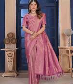 Pink Zari Woven Kanjivaram Soft Silk Blend Saree With Stitched Blouse