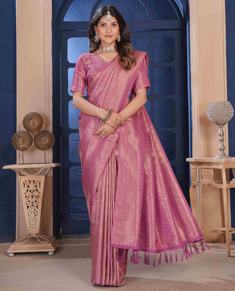 Pink Zari Woven Kanjivaram Soft Silk Blend Saree With Stitched Blouse