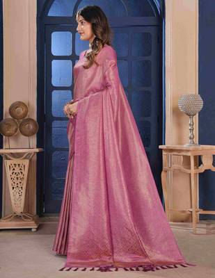 Pink Zari Woven Kanjivaram Soft Silk Blend Saree With Stitched Blouse 3