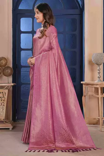 Pink Zari Woven Kanjivaram Soft Silk Blend Saree With Stitched Blouse
