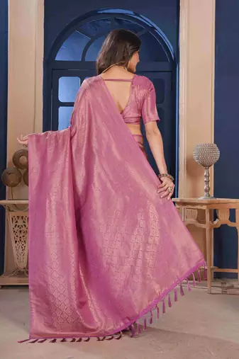 Pink Zari Woven Kanjivaram Soft Silk Blend Saree With Stitched Blouse
