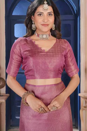 Pink Zari Woven Kanjivaram Soft Silk Blend Saree With Stitched Blouse