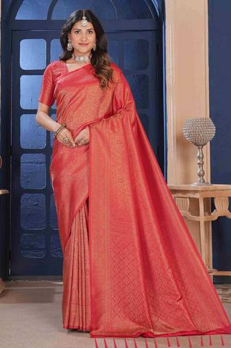 Red Zari Woven Kanjivaram Soft Silk Blend Saree With Stitched Blouse