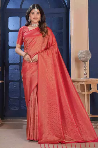 Red Zari Woven Kanjivaram Soft Silk Blend Saree With Stitched Blouse