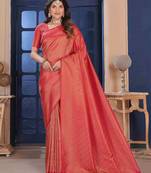 Red Zari Woven Kanjivaram Soft Silk Blend Saree With Stitched Blouse