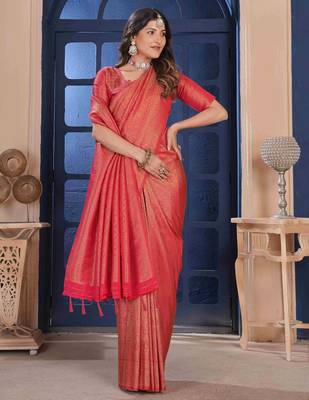 Red Zari Woven Kanjivaram Soft Silk Blend Saree With Stitched Blouse 2