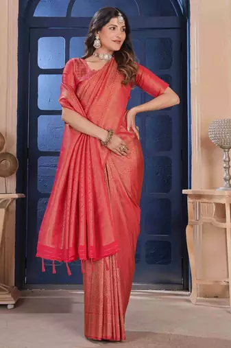 Red Zari Woven Kanjivaram Soft Silk Blend Saree With Stitched Blouse