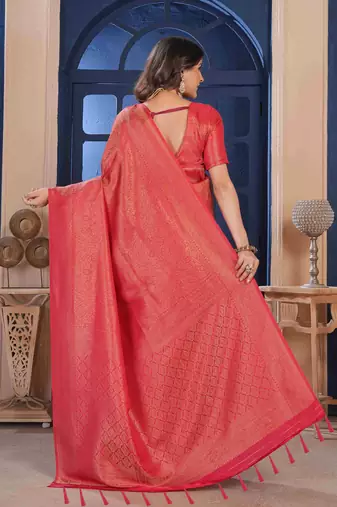 Red Zari Woven Kanjivaram Soft Silk Blend Saree With Stitched Blouse