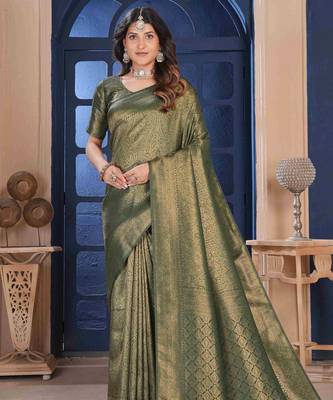 Dark Green Zari Woven Kanjivaram Soft Silk Blend Saree With Stitched Blouse 1