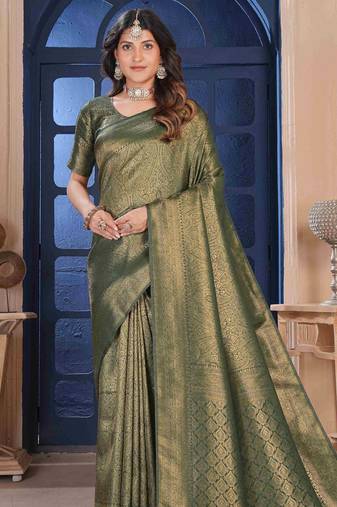 Dark Green Zari Woven Kanjivaram Soft Silk Blend Saree With Stitched Blouse