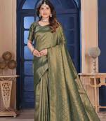 Dark Green Zari Woven Kanjivaram Soft Silk Blend Saree With Stitched Blouse