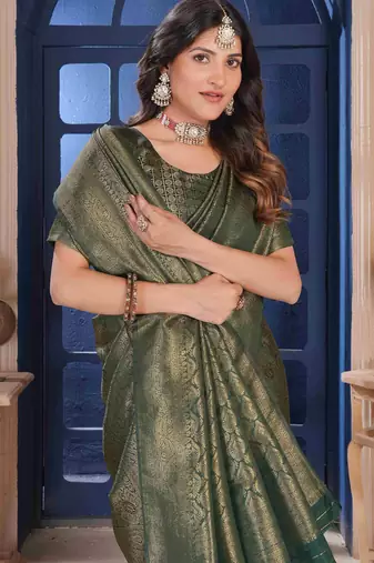 Dark Green Zari Woven Kanjivaram Soft Silk Blend Saree With Stitched Blouse