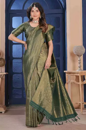 Dark Green Zari Woven Kanjivaram Soft Silk Blend Saree With Stitched Blouse