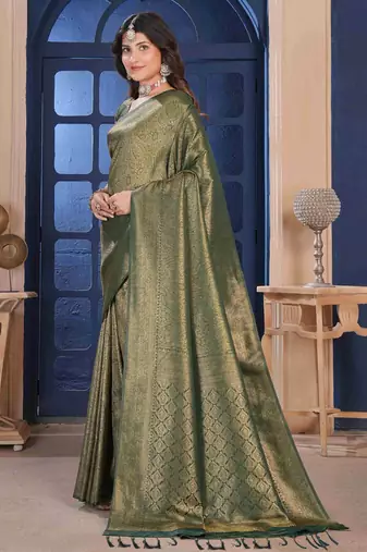 Dark Green Zari Woven Kanjivaram Soft Silk Blend Saree With Stitched Blouse