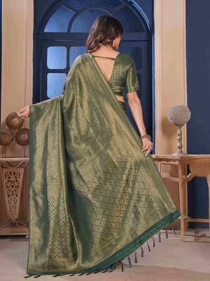 Dark Green Zari Woven Kanjivaram Soft Silk Blend Saree With Stitched Blouse 5