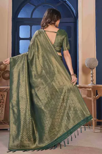 Dark Green Zari Woven Kanjivaram Soft Silk Blend Saree With Stitched Blouse