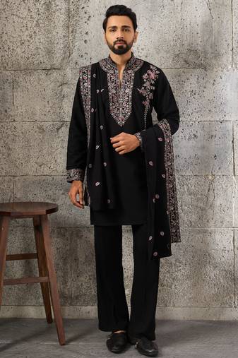 black embroidered mens kurta pant with dupatta