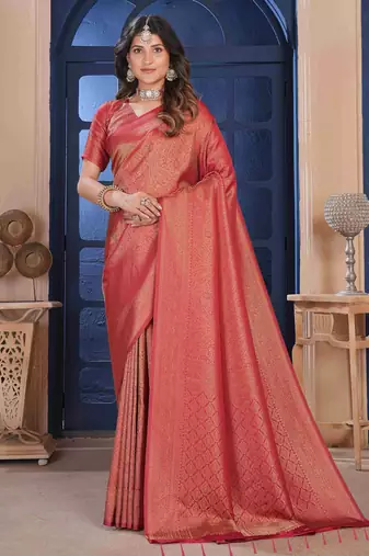Maroon Zari Woven Kanjivaram Soft Silk Blend Saree With Stitched Blouse