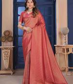 Maroon Zari Woven Kanjivaram Soft Silk Blend Saree With Stitched Blouse
