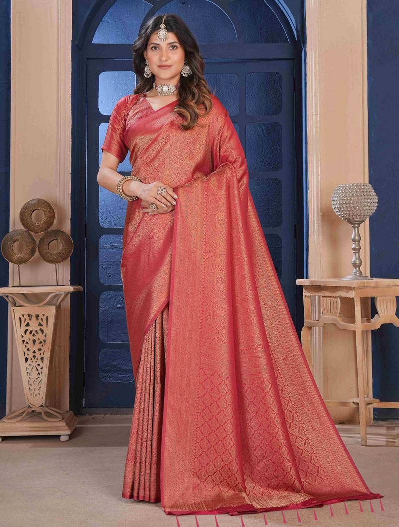 Maroon Zari Woven Kanjivaram Soft Silk Blend Saree With Stitched Blouse