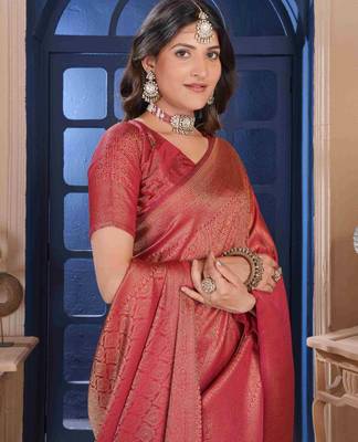 Maroon Zari Woven Kanjivaram Soft Silk Blend Saree With Stitched Blouse 2