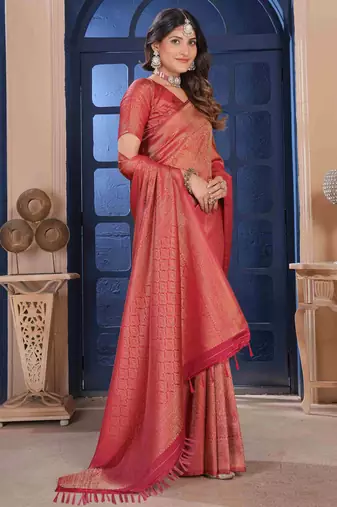 Maroon Zari Woven Kanjivaram Soft Silk Blend Saree With Stitched Blouse