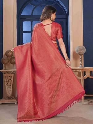 Maroon Zari Woven Kanjivaram Soft Silk Blend Saree With Stitched Blouse 4