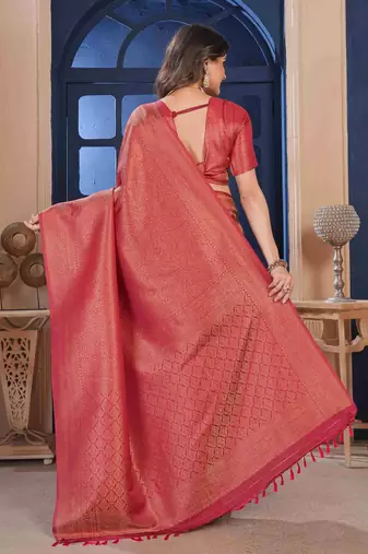 Maroon Zari Woven Kanjivaram Soft Silk Blend Saree With Stitched Blouse