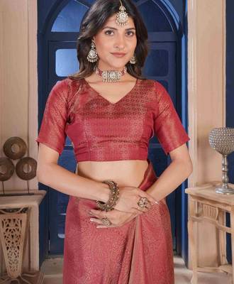 Maroon Zari Woven Kanjivaram Soft Silk Blend Saree With Stitched Blouse 5