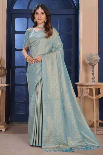 SkyBlue Zari Woven Kanjivaram Soft Silk Blend Saree With Stitched Blouse