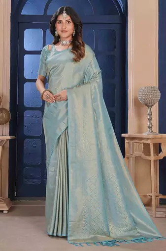 SkyBlue Zari Woven Kanjivaram Soft Silk Blend Saree With Stitched Blouse