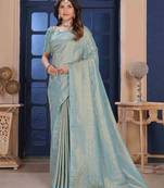 SkyBlue Zari Woven Kanjivaram Soft Silk Blend Saree With Stitched Blouse