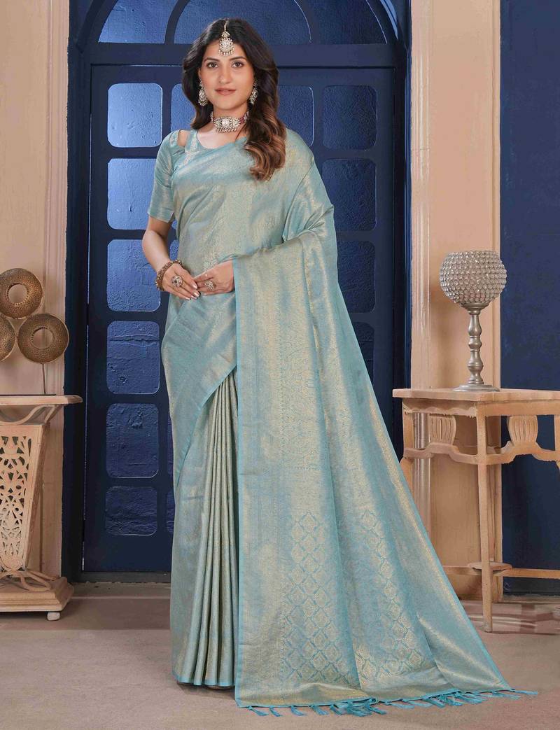 SkyBlue Zari Woven Kanjivaram Soft Silk Blend Saree With Stitched Blouse