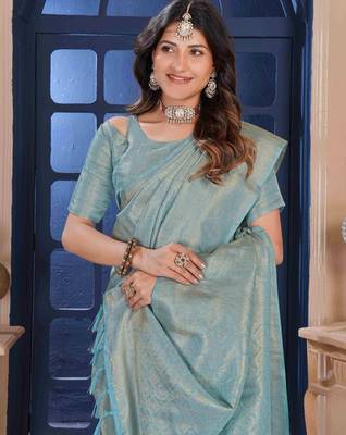 SkyBlue Zari Woven Kanjivaram Soft Silk Blend Saree With Stitched Blouse 2
