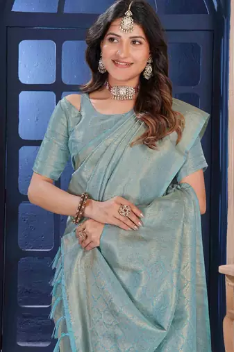 SkyBlue Zari Woven Kanjivaram Soft Silk Blend Saree With Stitched Blouse