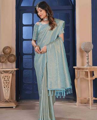 SkyBlue Zari Woven Kanjivaram Soft Silk Blend Saree With Stitched Blouse 3