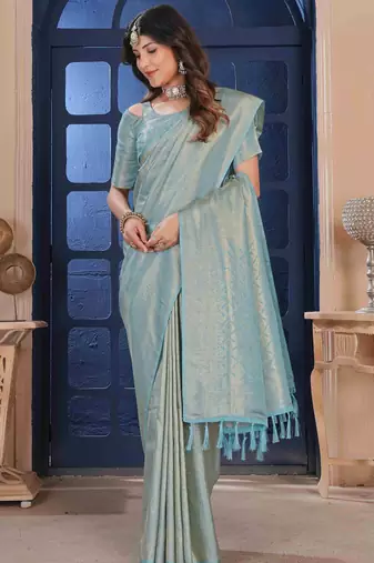SkyBlue Zari Woven Kanjivaram Soft Silk Blend Saree With Stitched Blouse