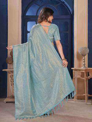 SkyBlue Zari Woven Kanjivaram Soft Silk Blend Saree With Stitched Blouse 4
