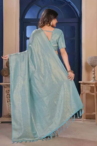 SkyBlue Zari Woven Kanjivaram Soft Silk Blend Saree With Stitched Blouse