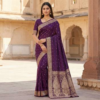 Wine soft banarasi silk blend saree with self weaving design zari weaving pallu and blouse 1