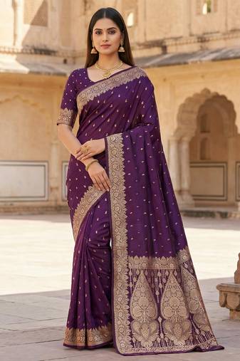 Wine soft banarasi silk blend saree with self weaving design zari weaving pallu and blouse