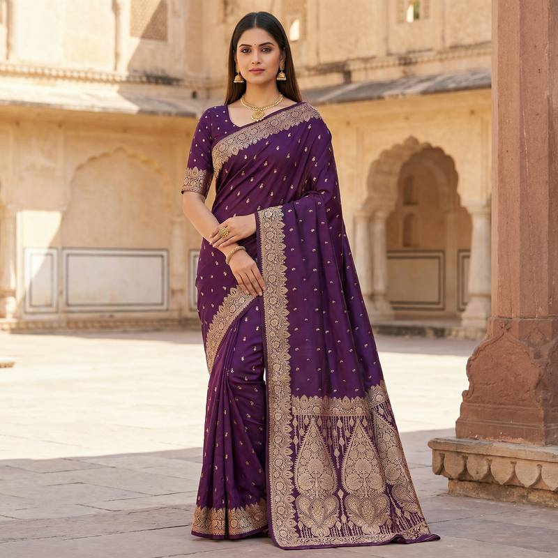 Wine soft banarasi silk blend saree with self weaving design zari weaving pallu and blouse