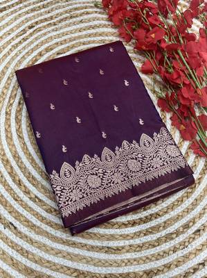 Wine soft banarasi silk blend saree with self weaving design zari weaving pallu and blouse 2